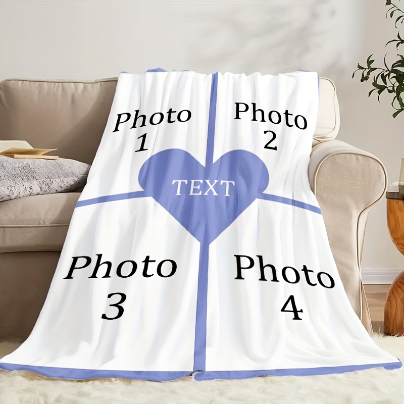 Personalized Photo Heart Pattern Flannel Blanket - Gift for Family